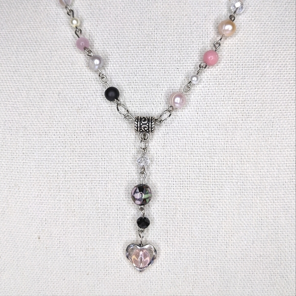 Long freshwater pearl necklace with pink,blue and black beads. Handmade by me. - Picture 4 of 7